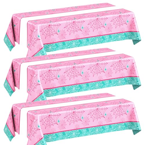 Image of Oudain 3 Pack Spider Theme Birthday Decorations Halloween Purple Black Red Green Pink Web Bat Tablecloth Cartoon Table Cover Party Favor for Birthday(Spider,Web,Pink, Green)