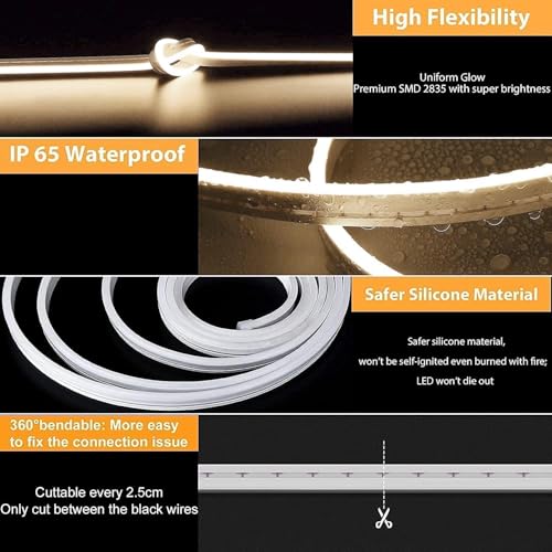 Image of Lamomo Neutral White Led Strip Lights, 16.4ft 4500K Neon Rope Light,12V Flexible Waterproof Silicone LED Neon Lights for Kitchen Bedroom Indoor Outdoor Decoration（Power Adapter not Included）