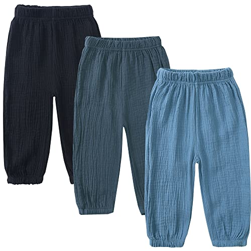 Image of GFQLONG 3 Pack Toddler Boy Girl Casual Basic Plain Soft Pant Baby Summer Fall Comfy Cotton Linen Bloomers Pants