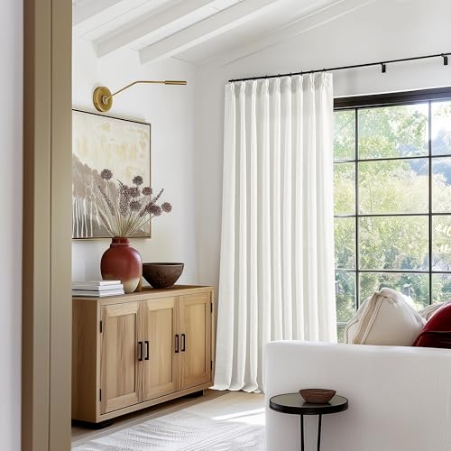 Image of Extra Wide Pinch Pleat Curtains 84 Inches Long for Patio Sliding Glass Door Ivory Linen 60 Inch Wide Curtain Memory Trained Pleated Drapes with Hooks Rings Semi Sheer 60x84 Curtain for Large Window