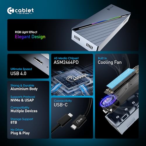 Image of Cablet 40Gbps M.2 NVMe SSD Enclosure USB 4.0, Fast USB C External SSD Case Cooling Fan, Aluminum Body, UASP & Trim, 8TB Max, Compatible with M & M+B Key, SSD Size 2230 /2242 /2260 /2280(SSD not included)
