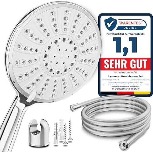 LYVANAS Duschkopf mit Schlauch und Halterung - TESTSIEGER Duschbrause Set | Brausekopf für Dusche & Badewanne in extra gross (Ø15cm) - Wellness Regendusche mit 5 Strahlarten (Premi