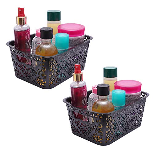 Image of Cutting Edge Essentials Plastic Storage Baskets /Shelf /Turkish Rack without Lid - Set of 2 for Fruit Vegetable Bathroom Stationary Home Basket with Handle (Black, Small)