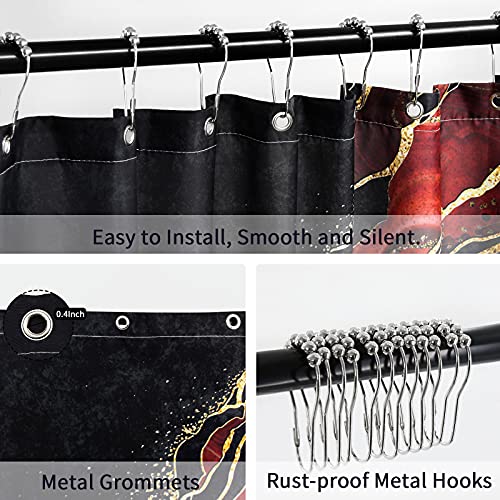 Gibelle Red And Black Marble, Abstract Burgundy Maroon Marble Gold Veins Shower Curtain Set With Hooks, Modern Luxury Art Waterproof Fabric For Bathroom Decor, 72 X 72 #TOP5