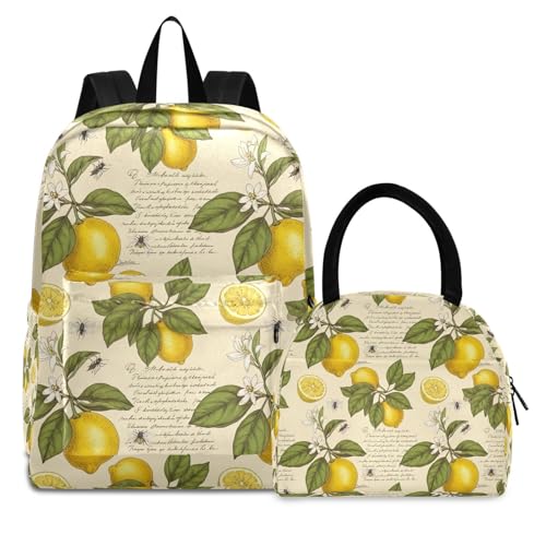 Backpack Lunch Box, Vintage Yellow Lemons Girls Backpack with Lunchbox, Travel Backpacks for Big Kids and Youth