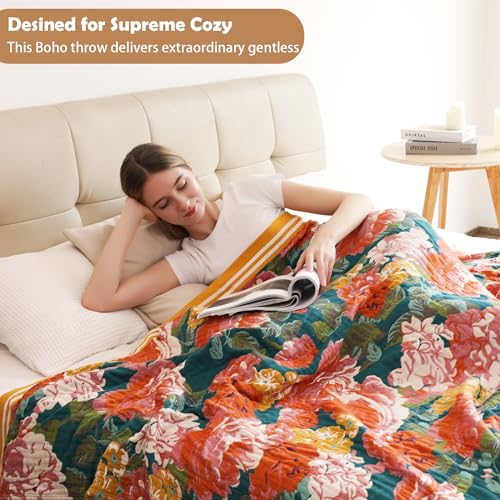 Boho Throw Blanket, 100% Organic Cotton Breathable Ultra Soft 60" x 80" Bed Quilt Throw - All Season Floral Rustic Farmhouse Decor Luxury Reversible Blanket for Sofa Couch Chair and Gift