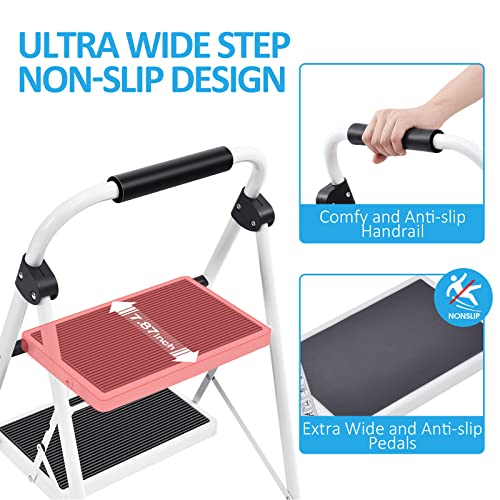 Kingrack 2 Step Ladder,Step Ladder 2 Step Folding,Kitchen Ladder With Anti-Slip And Wide Pedal,Small Step Ladder With Handrails,Lightweight Portable Step Ladder For Kitchen Household,White #TOP1
