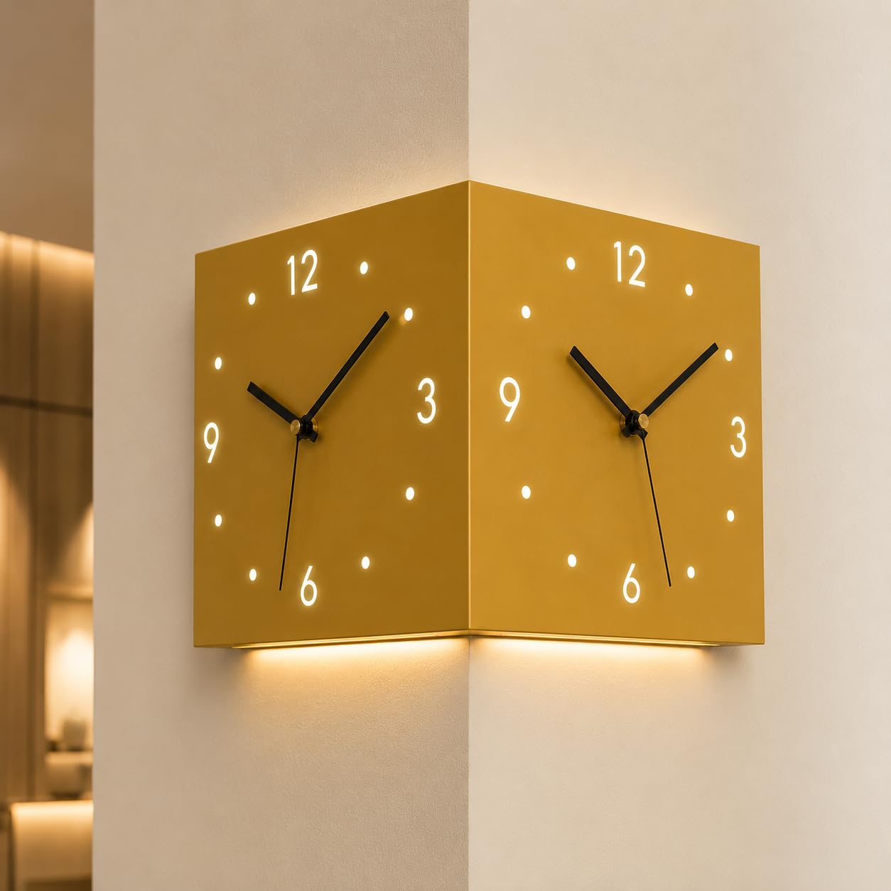 Reloj de Pared Esquina Doble Cara, Silencioso con Sensor Luz (Dorado) | Reloj de esquina doble cara, silencioso y a pilas. Con sensor de luz, es ideal para decorar su hogar u oficina.
