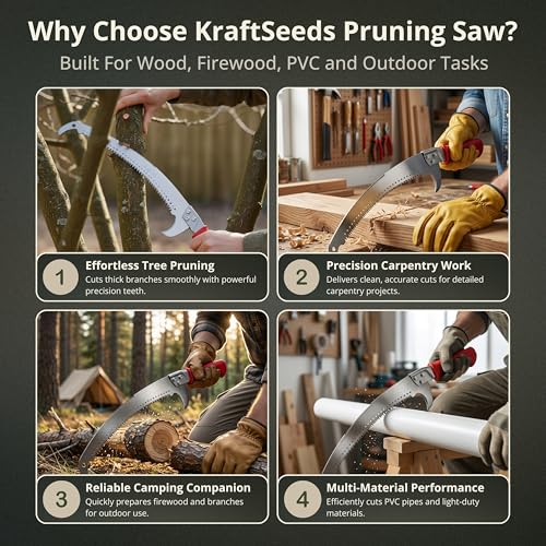 Image of Kraft Seeds Premium Curved Double Sided Pruning Saw, Tree Cutter Tools with Hooked Blade and Red Cover, Hand Saw Wood Cutter For Branch And Log Trimming