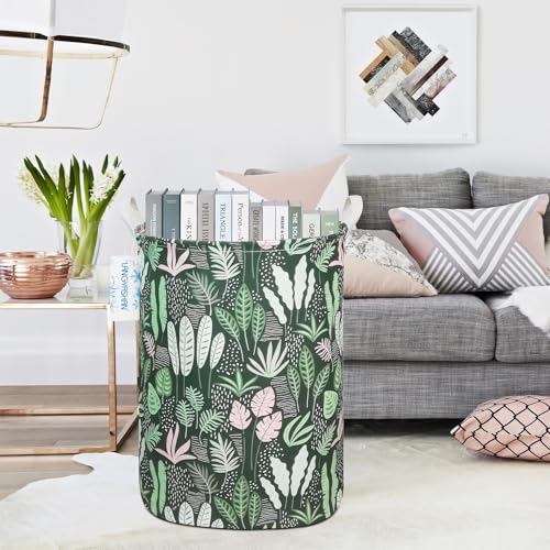 Image of Round Laundry Basket Collapsible Storage Hamper Organizer Full Leaf | Waterproof Canvas Foldable Baskets with sturdy Handles Multi-scene Organizer for Home Play Bedroom Gift Bin