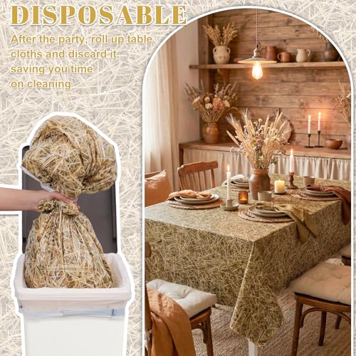 Image of 3 Pack Straw Plastic Tablecloth, 54 x 108 Inch Disposable Farm Hay Tablecloths Waterproof Rectangle Western Birthday Theme Table Cover for Cowboy Western Barn Birthday Baby Shower Party Supplies