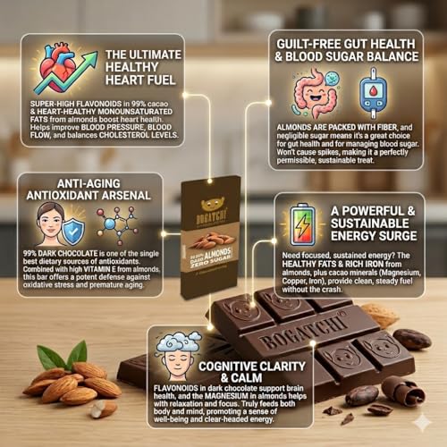 Image of BOGATCHI Premium 99% Dark Chocolate with Almonds, 60g | Intense Real Cocoa Dark Chocolate Bar | Rich Antioxidant Gourmet Chocolate | Roasted Almonds | No Artificial Flavours | Indulgent Healthy Snack