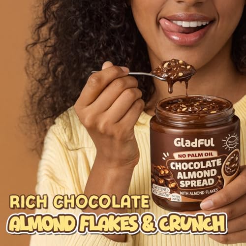 Image of Gladful Chocolate Almond Spread | 300g | No Palm Oil | No Refined Sugar | With Roasted Salted Almond Flakes | Clean Ingredients | Healthy Chocolatey Spread
