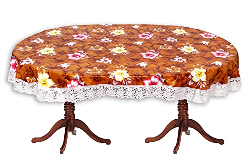 Image of The Furnishing Tree Waterproof PVC Oval Shaped 10 Seater Table Cover WxL 60x120 inches Floral Pattern Orange with White Border lace