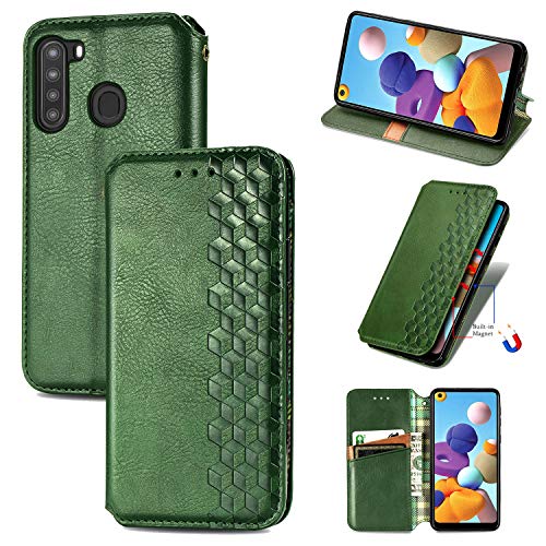 Samsung Galaxy A21 Wallet Phone Case, 3D Embossing Plaid Kickstand Stand Function Pu Leather Flip Case Credit Cards Pocket Shockproof Magnetic Closure Cover For Samsung Galaxy A21 Dx Green #TOP6
