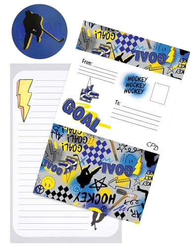 Image of iscream + Corey Paige Designs Fold and Send Boys Stationery - Play Hockey | 8 Pack, Fun Print, Large Format 8.7 inch x 5.4 inch Cards, Sturdy Lenticular Picture Changing Stickers, Summer Camp Ready
