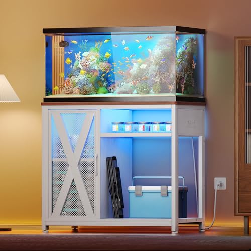 Image of YITAHOME Fish Tank Stand with Power Outlets & LED Light, 40-50 Gallon Metal Aquarium Stand with Cabinet for Fish Tank Accessories Storage for Turtle Tank, Reptile Terrarium, 660LBS Capacity, White
