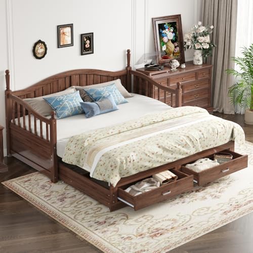 Sofá cama de madera maciza extensible con columnas romanas, respaldo curvado, reposabrazos, somier de láminas, cómodo y duradero, ideal para salón, habitación de invitados (nogal natural + madera + 90