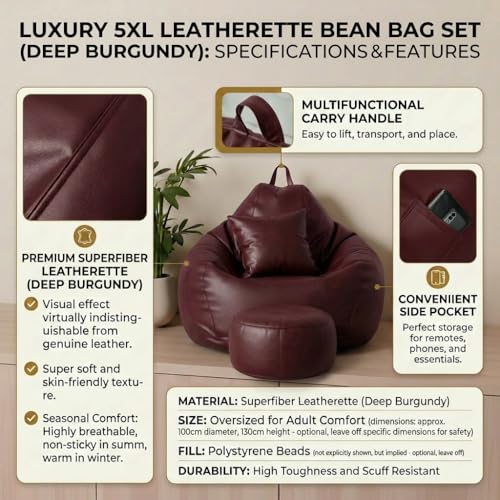 Image of KAM'S LIEU Bean Bag Chair with Footrest & Cushion | Pre-Filled Beans | PVC Leatherette Lounger Sofa | Indoor & Outdoor Bean Bag | 6 Months Warranty Size & Color- (Maroon, XXXXXL, Premium)