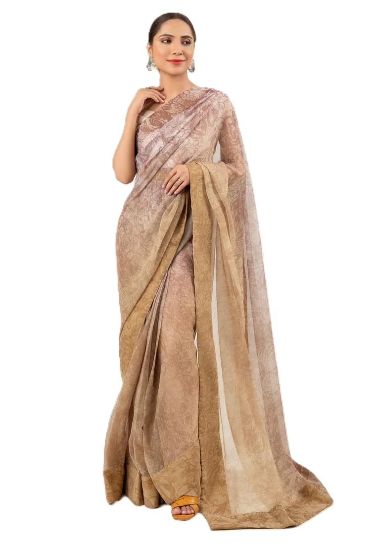 Designer Saree with Floral Ombre Pattern, (Beige and Rose Gold)