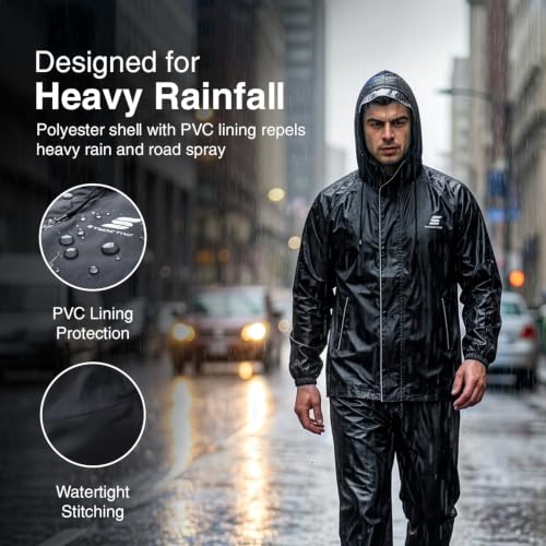 Image of Amazon Brand - Symactive Raincoat with Jacket, Pants, Hood and Carry Bag | Polyester Shell with Heat Sealed PVC Lining | Inner Mobile Pocket | Plastic Peak Hood | Unisex, Black, S