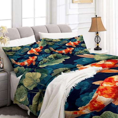 Genérico Edredón Reversible Sin Funda para 2 Personas, Edredón Nórdico Tradicional Oriental Animales Koi 4 Estaciones Suave Cálido - Azul Oscuro Juego de Cama135 x 200 cm con 2 Fundas de Almohada