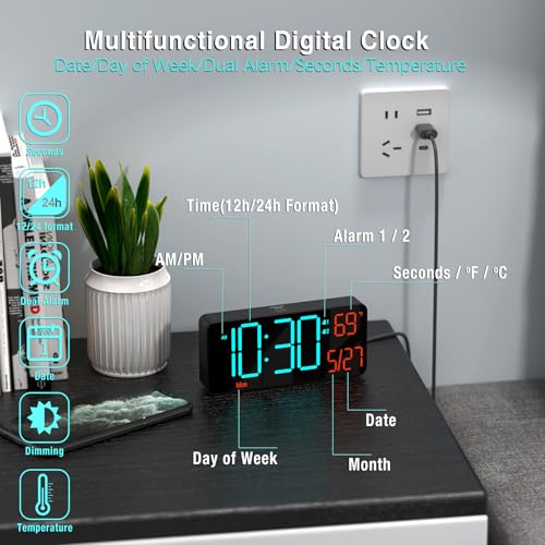 Image of KOSUMOSU Digital Clock for Bedroom 6.7in Alarm Clocks for Living Room, Auto Dimming,Date,Week,Seconds,Indoor Temperature, Small Digital Alarm Clock for Classroom,LED Alarm Clocks for Bedrooms
