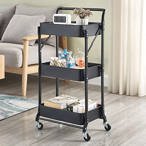 Amatic 3 Tier Folding Rolling Cart, Foldable Metal Utility Cart Organizer With Wheels, Collapsible Rolling Storage Cart With 3 Hanging Cups & 6 Hooks For Kitchen, Laundry Room, Office (Black) #TOP5