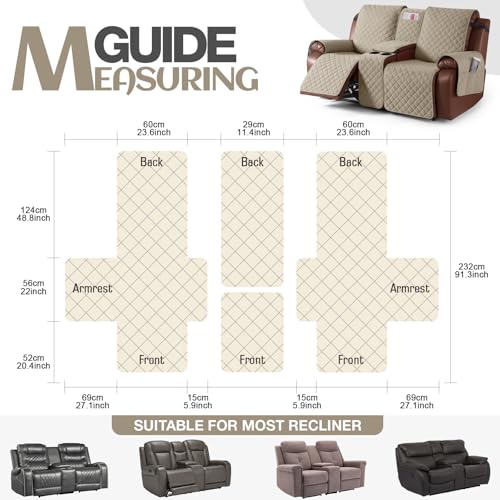 Image of KinCam 100% Waterproof Recliner Loveseat Cover with Console, Non-Slip Reclining Couch Covers for 2 Seat, Recliner Sofa Cover Furniture Protector with Elastic Straps for Kids, Pets, Khaki