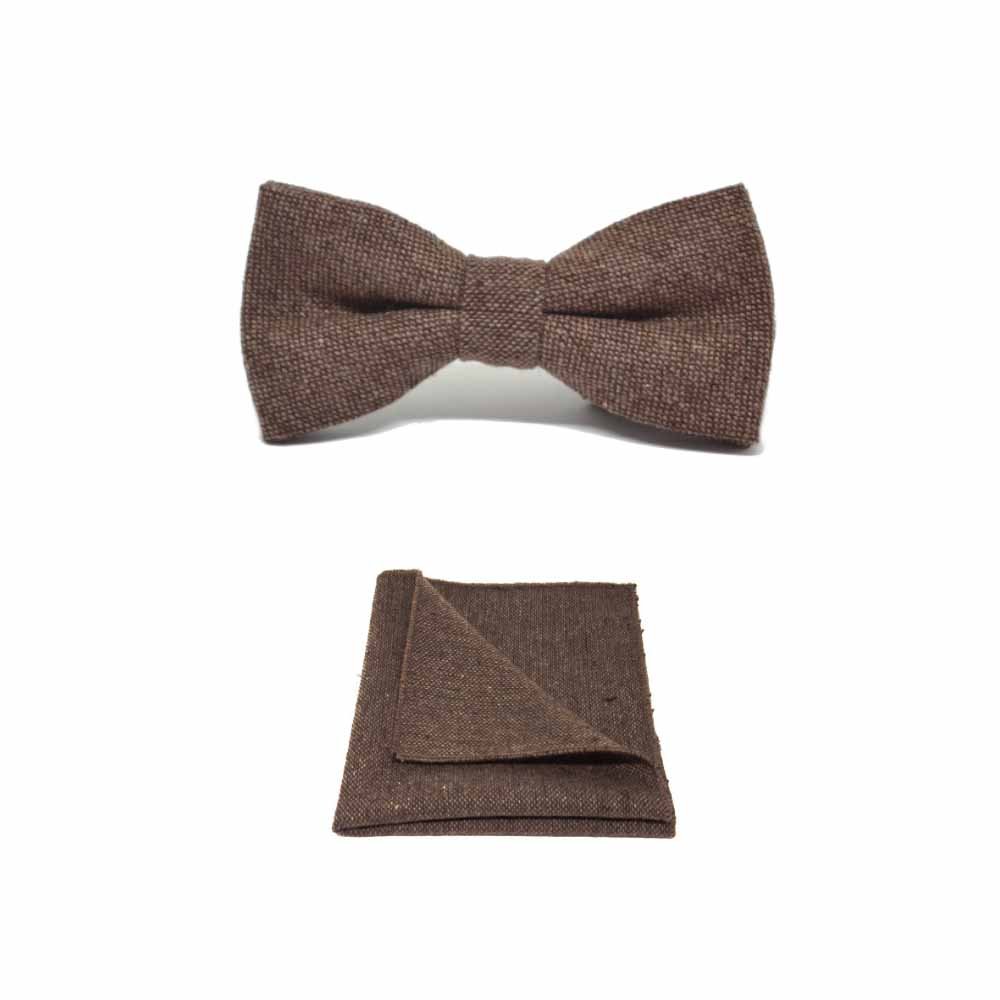King & Priory Brown Highland Weave Hessian Bow Tie & Pocket Square Set