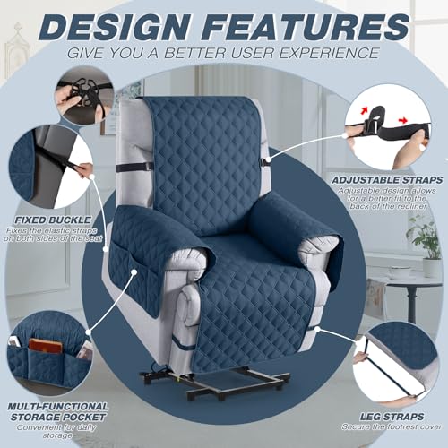 Image of TAOCOCO 100% Waterproof Recliner Covers, Recliner Sofa Covers with Leg Straps, Reversible Recliner Couch Cover for Reclining Chair, Washable Couch Protector for Pets Kids(1 Seater 28 inch, Ocean Blue)