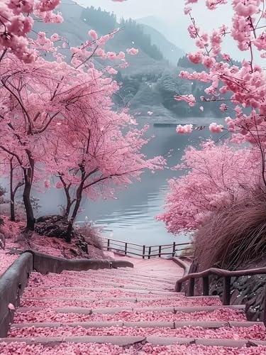 Diamond Art Kits for Adults Cherry Blossom Road, DIY 5D Diamond Painting Kit for Beginners, Full Round Drill Gem Art Dots for Adults, Diamond Dots Paintings Crafts Home Wall Decor 12X16 Inch