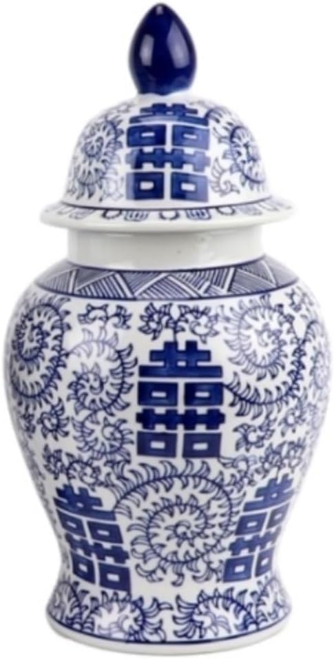 ジンジャージャー 蓋付き ジャーの花瓶 装飾ジャー セラミック花瓶生姜瓶蓋付き家の装飾青と白のモダンなダブルハピネスパターン ジンジ