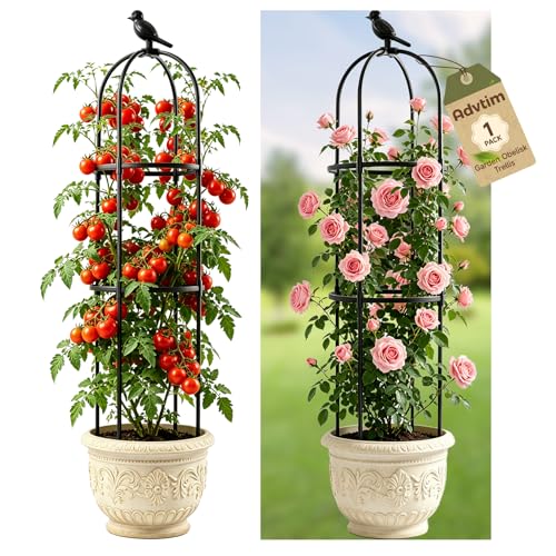 1pcs Garden Obelisk Trellis for Climbing Plants Outdoor Tomato Cages for Garden Metal Rustproof Plant Support Trellis for Potted Plants Rose Vine Vegetable for Outdoor & Indoor Use (Black)