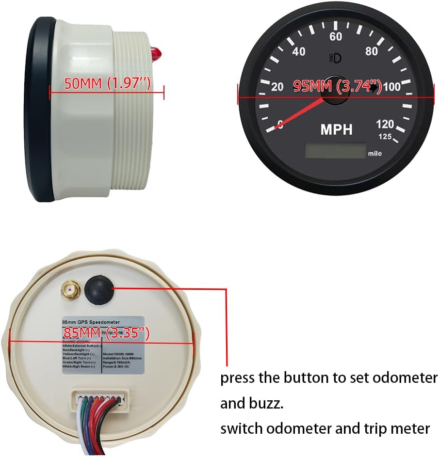 Waterproof 85mm Speedometer Gauge 0-125MPH Marine MPH GPS Speedometer Adjustable Odometer LCD Indicator with Backlight Overspeed Alarm for Boat Car Truck Replacement 9-32VDC (Black&Black)