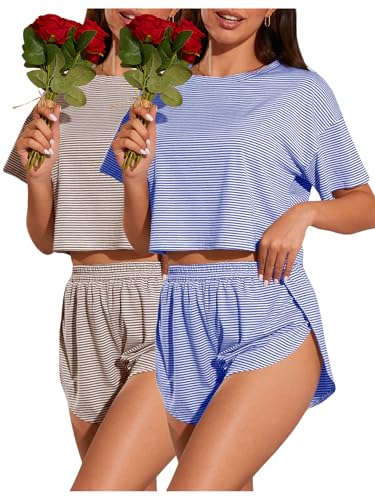 Image of OYOANGLE 2 Pack Pajama for Woman Set Summer Cute PJ Sets Striped Short Sleeve Tshirt and Split Shorts Lounge Set