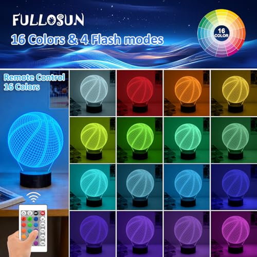 Image of FULLOSUN Basketball 3D Night Light Birthday Gift, Light Up Basketball 3D Illusion Lamp with Remote Control 16 Colors, Mothers Father Gifts Changing Sport Fan Room Decoration Boy Girl