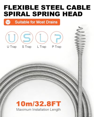 Fexrror 33FT Drain Snake Auger with Auto-Feed Manual/Powered, Drain Clog Remover Tool for Sink, Toilet, Shower & Tub, Professional Plumbing Snake, Gloves & Storage Drum, Easy Clear Hair Clogs