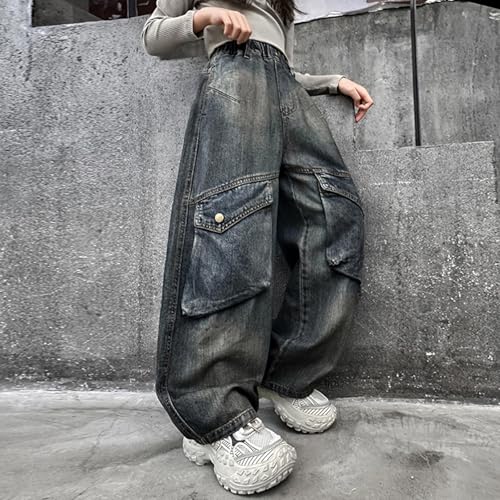 Baggy Cargo Jeans for Teen Boys Girls Kids Casual Relaxed Fit Vintage Elastic Waist Wide Leg Denim Pants with Pockets4