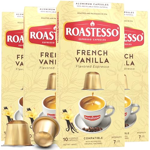 Roastesso, Aluminum Espresso Capsules, French Vanilla Natural Flavored Coffee, Compatible with Nespresso Original Machines, Medium Roast Intensity 7, Recyclable Coffee Pods, Packed in USA (40 Count)
