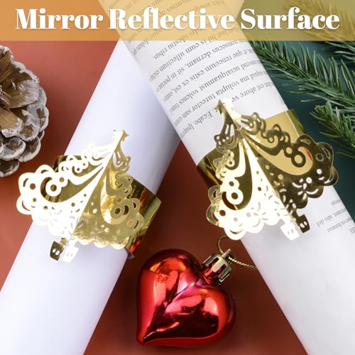 URROMA 50Pcs Christmas Tree Napkin Rings Gold Reflective Paper Napkin Holder Hollow Household Napkin Buckle for Table Decor Wedding Xmas Party - Image 4