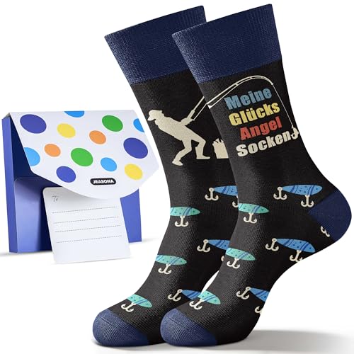 Jeasona Fun Socken Herren 43-46 Geschenke für Angler Motiv Angeln Angler Geschenke für Männer Angelzubehör Lustige Baumwollsocken mit Spruch Blau
