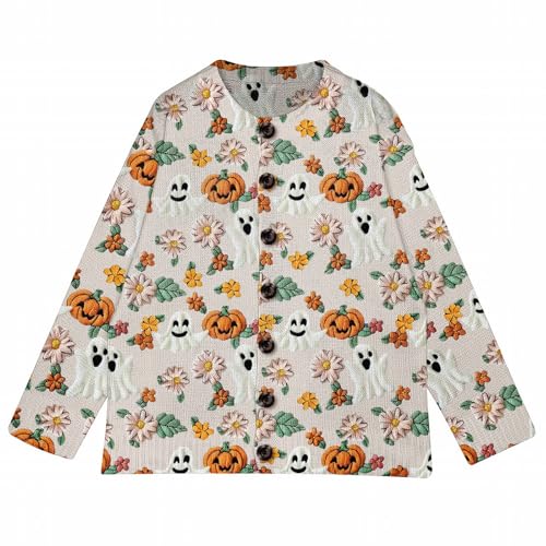 Halloween Sweaters for Women Funny Ghost Skeleton Pumpkin Print Fall Winter Long Sleeve Button Knit Cardigan Sweater3