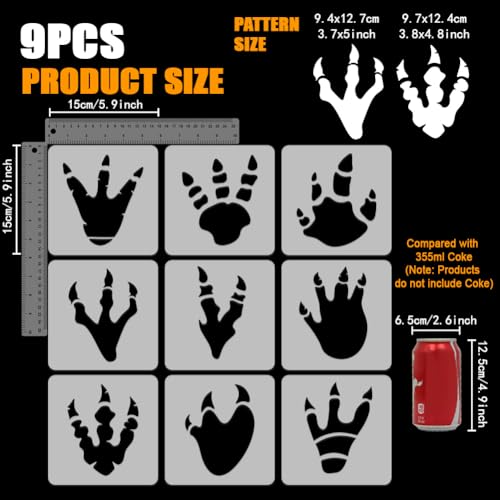FINGERINSPIRE 9PCS Dinosaur Footprint Painting Stencil 15x15cm Animal Dinosaurs Painting Templates Animal Footprint Pattern Stencil for Painting on Wood Wall Fabric Furniture DIY Home Decor - Image 2