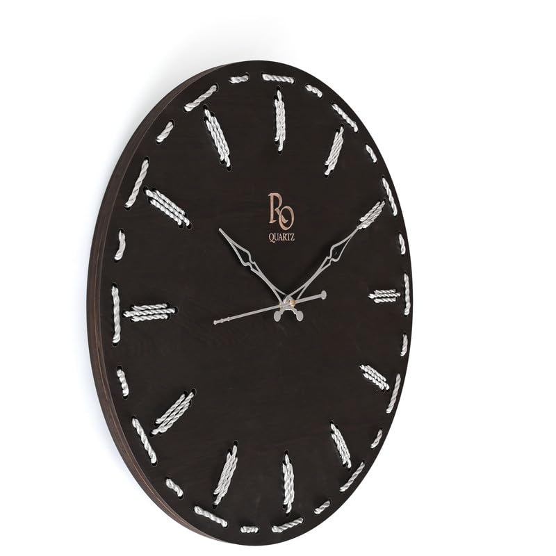 Image of Wooden Round Shape Wall Clock with Silver Hands & Silver Zari Rope Detailing | Handcrafted Silent Quartz Movement Anti Reflection Analog Vintage Clock for Home & Office (Black, 15.5 Inch)