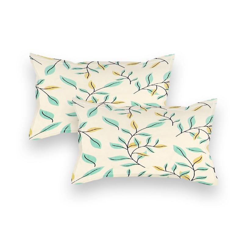 Image of NHD HOME Premium Cotton Elastic Fitted Bedsheets with 2 King Size Pillow Covers | Double Bed with All Around Elastic 220 TC Supersoft |Size-72 King Sizex78+10 inches | Floral, White Green