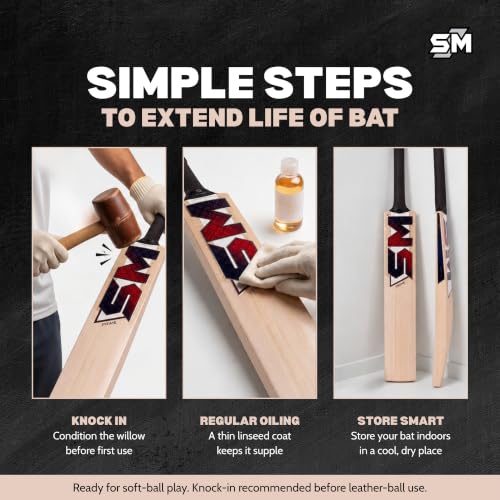 Image of SM Prime Kashmir Willow Cricket Bat | Premium Grade Willow | Wooden Cricket Bat | Massive Profile | Super Thick Edges | Rebound Technology | Advanced Club & Academy Cricket Bat | Size SH