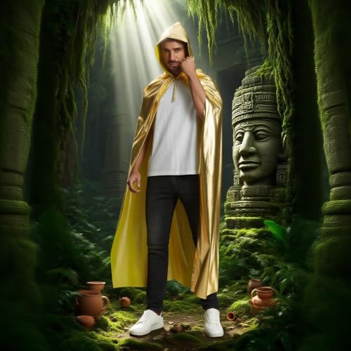 TOONRAIN Adult Cloak Men Women Golden Halloween Dress up Costume Foil Stamping Strap Cape-Hooded,115cm/45.3inch