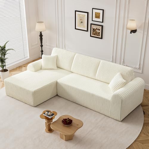 Image of 110 inch L Shaped Boneless Sectional Couches for Living Room, Comfy Corduroy Floor Cloud Sofa with Chaise, Wide Armrest, Deep Seat, Memory Foam, Assembly Free, Ideal for Small Spaces, Beige