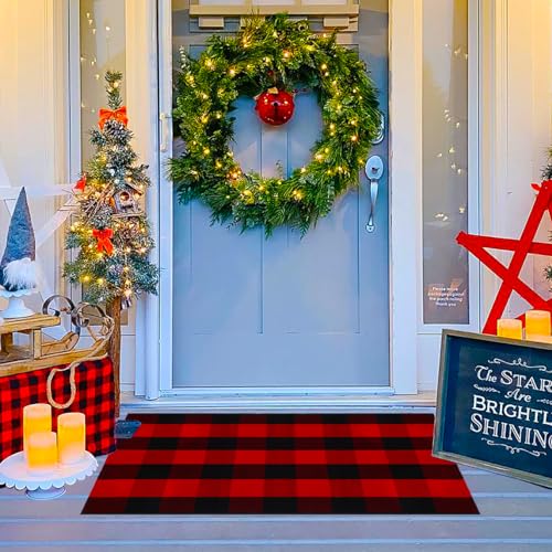 Ckorzen Red and Black Plaid Rug, 28" x 43" Christmas Halloween Outdoor Front Door Decor Mat, Cotton Hand-Woven Washable Rug for Layered Door Mats Carpet for Porch, Entryway